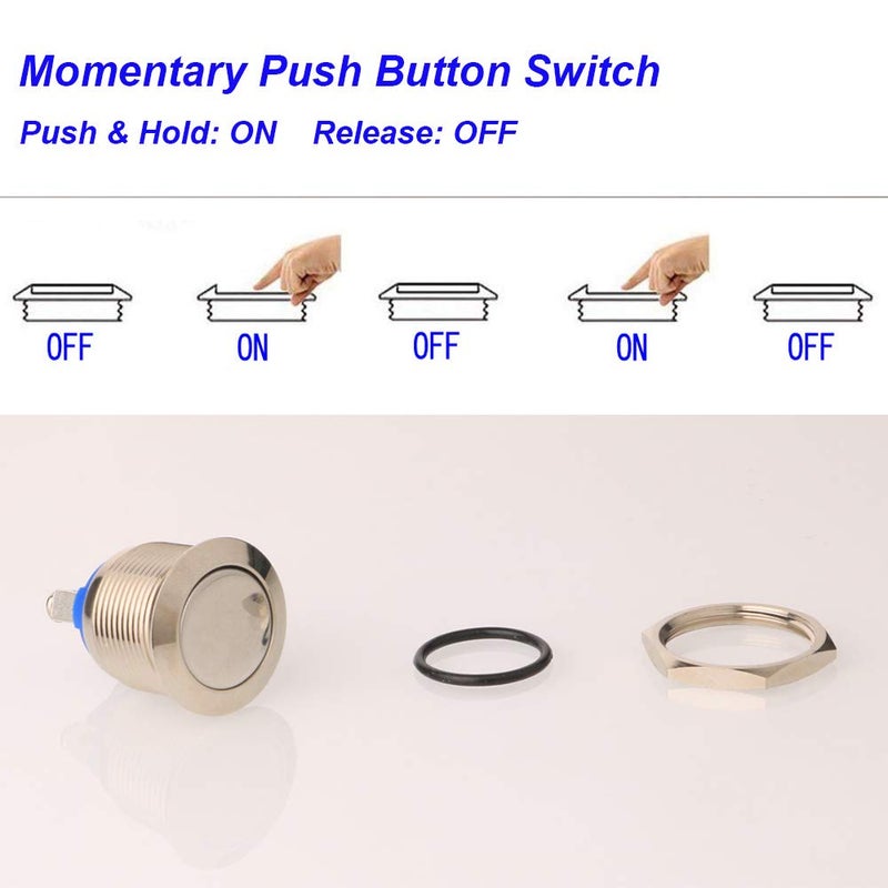 Gebildet 3pcs Momentary Push Button Screw Type terminals Stainless Steel Metal Waterproof Button 19mm 2A 12V/24V/125V/250V with 2 Screw Terminals Stainless Steel (Flat Head) - Image 4